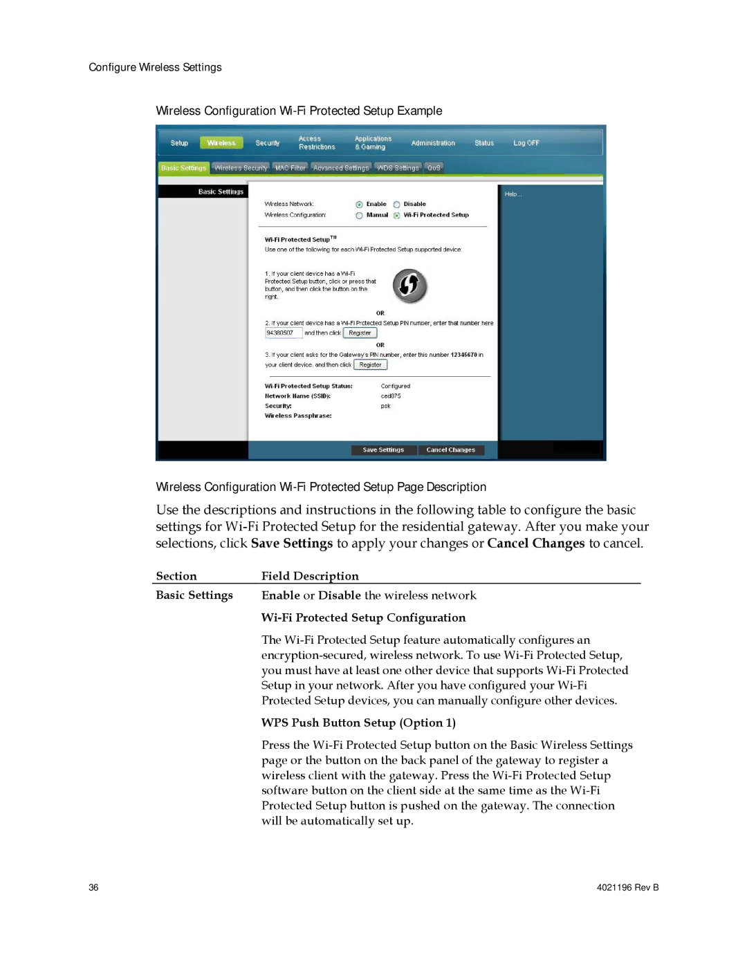 Cisco Systems DPC3825, EPC3825, 4034441 Section Field Description Basic Settings, Wi-Fi Protected Setup Configuration 