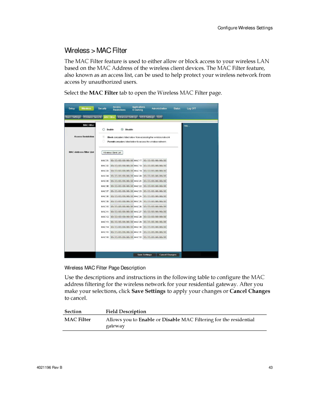 Cisco Systems 4034138, DPC3825, EPC3825, 4034441 important safety instructions Wireless MAC Filter Page Description 