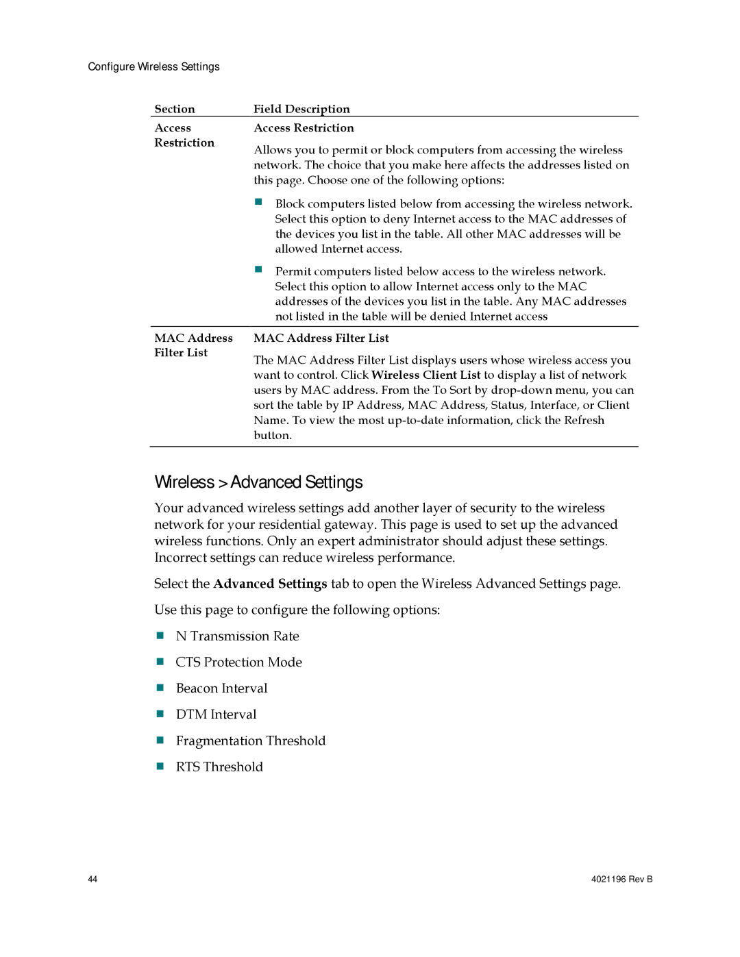 Cisco Systems DPC3825, EPC3825, 4034441 Wireless Advanced Settings, Section Field Description Access Access Restriction 