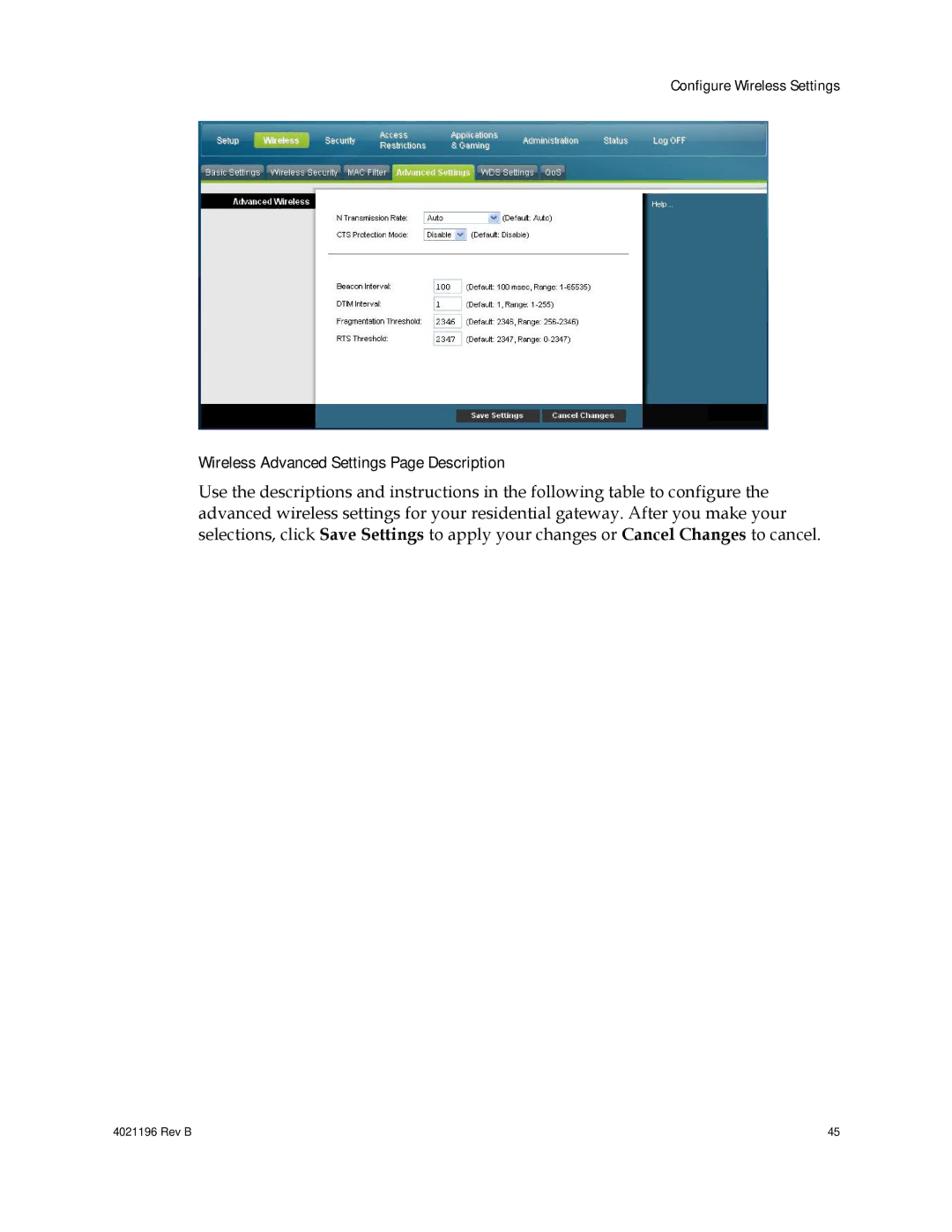 Cisco Systems EPC3825, DPC3825, 4034441, 4034138 important safety instructions Wireless Advanced Settings Page Description 