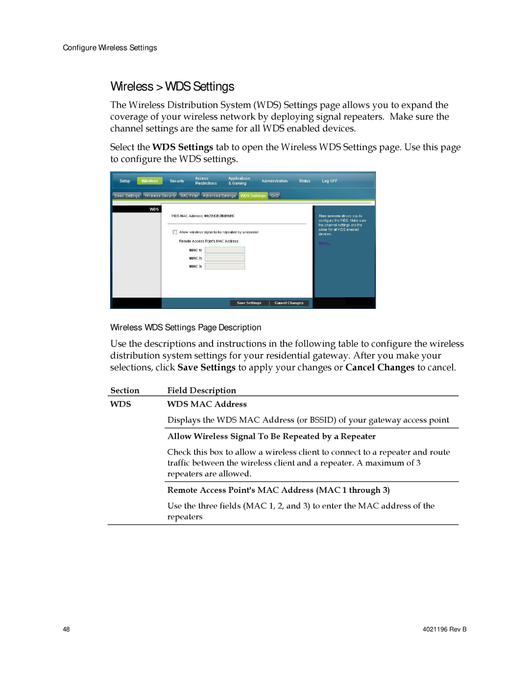 Cisco Systems DPC3825, EPC3825, 4034441, 4034138 important safety instructions Wireless WDS Settings Page Description, Wds 