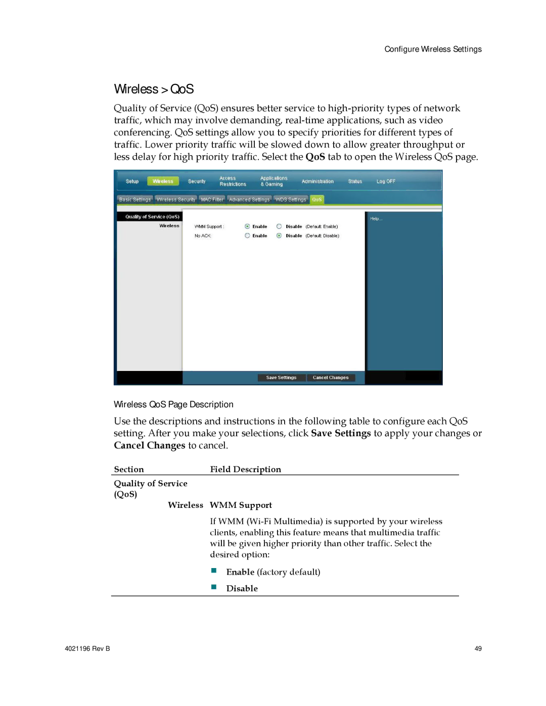 Cisco Systems EPC3825, DPC3825, 4034441, 4034138 important safety instructions Wireless QoS Page Description, Disable 