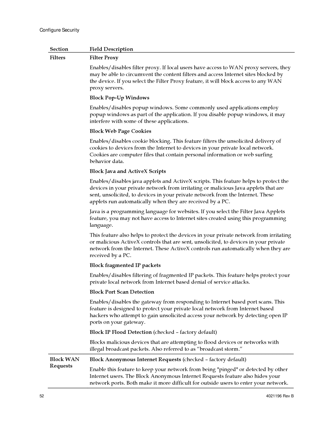 Cisco Systems DPC3825 Section Field Description Filters Filter Proxy, Block Pop-Up Windows, Block Web Page Cookies 