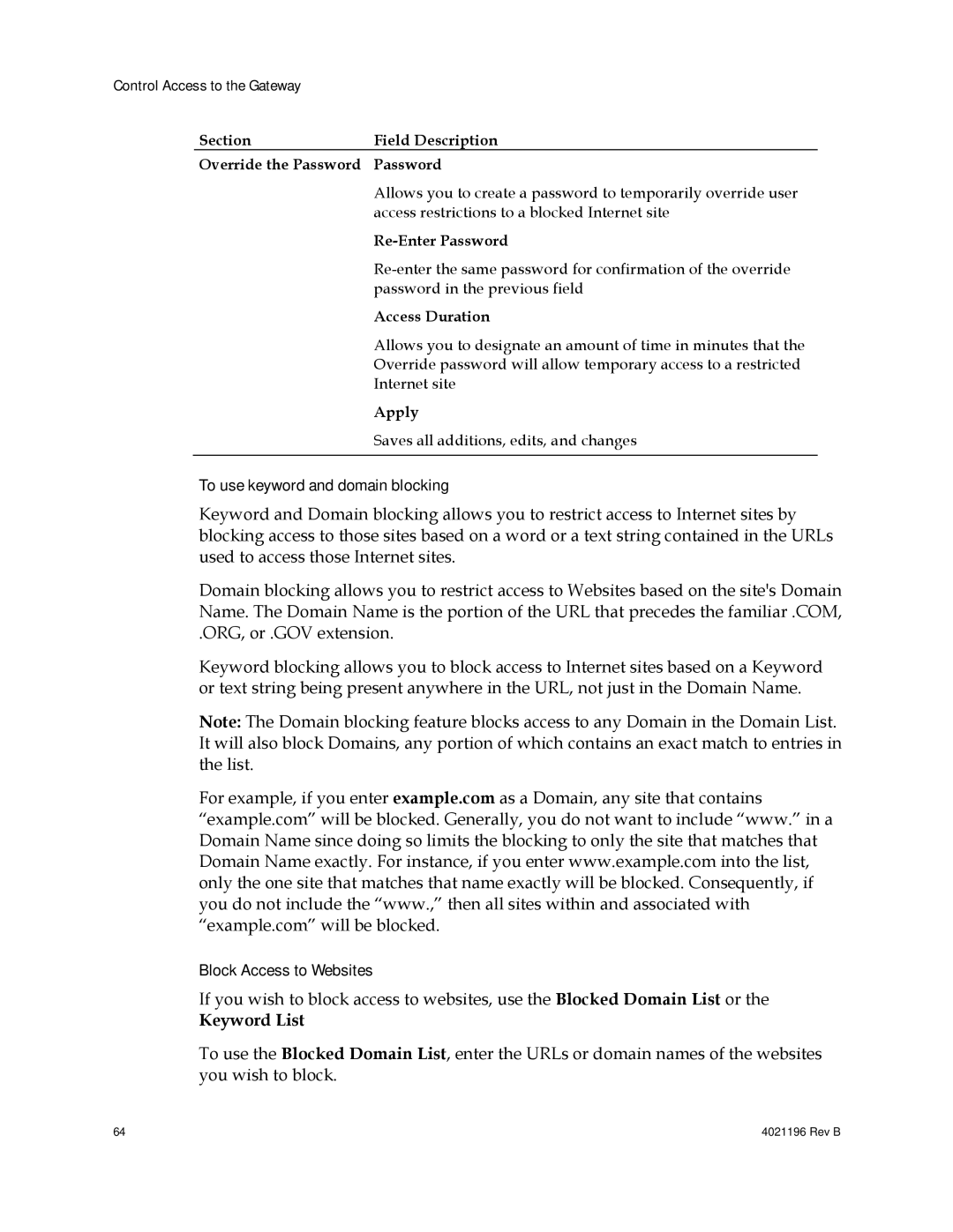 Cisco Systems DPC3825 To use keyword and domain blocking, Block Access to Websites, Re-Enter Password, Access Duration 