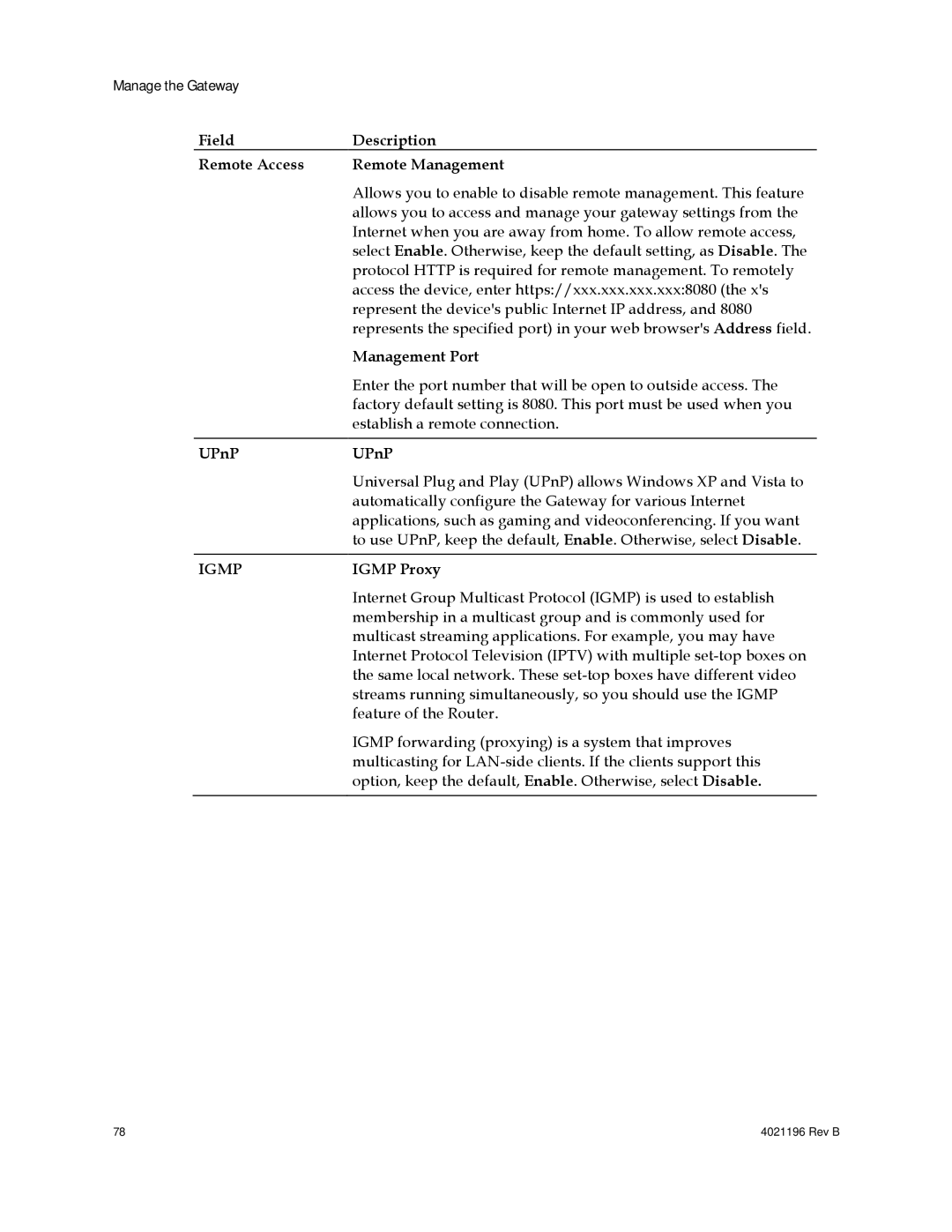 Cisco Systems 4034441, DPC3825 Field Description Remote Access Remote Management, Management Port, UPnP, Igmp Proxy 