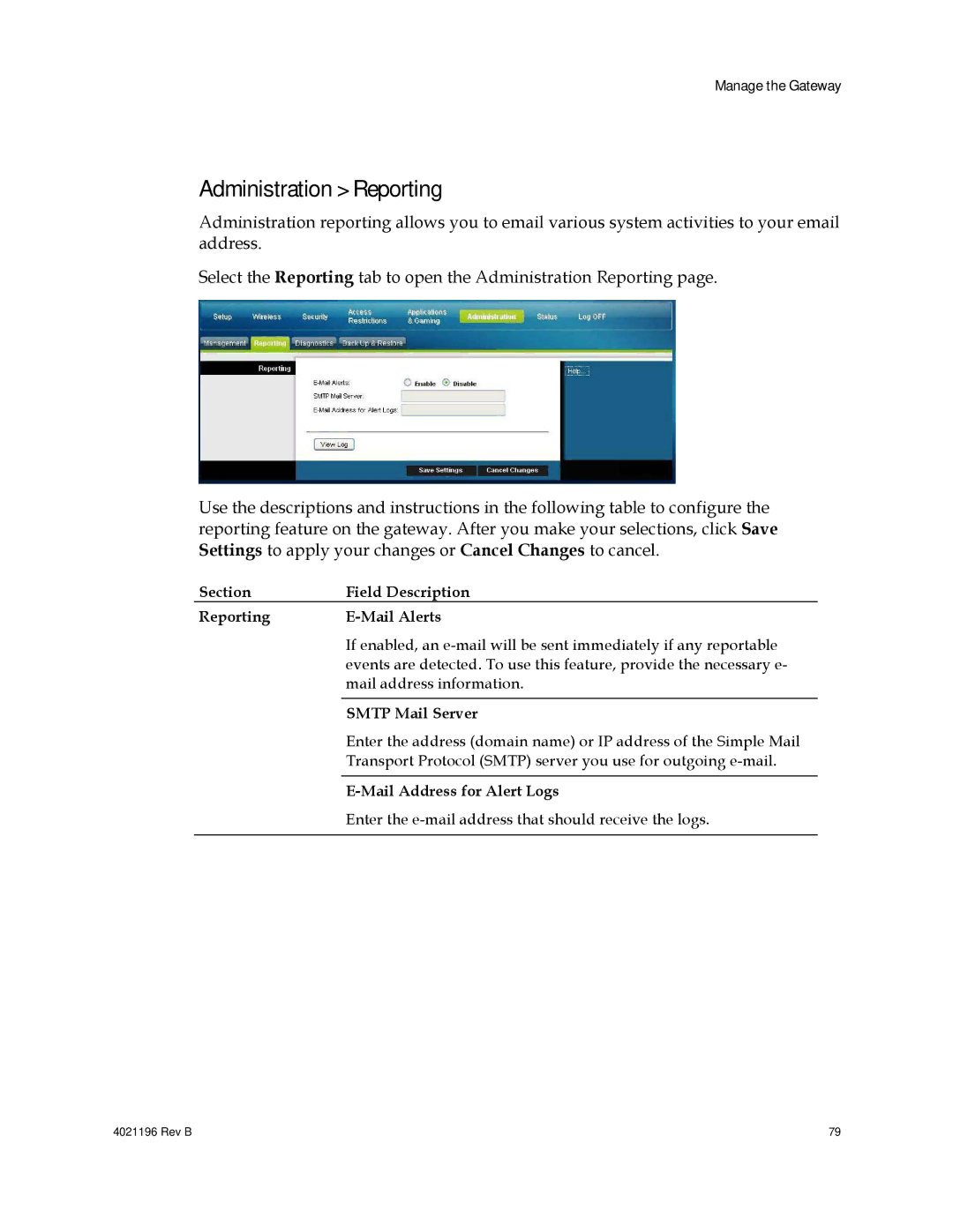 Cisco Systems 4034138, DPC3825 Administration Reporting, Section Field Description Reporting Mail Alerts, Smtp Mail Server 