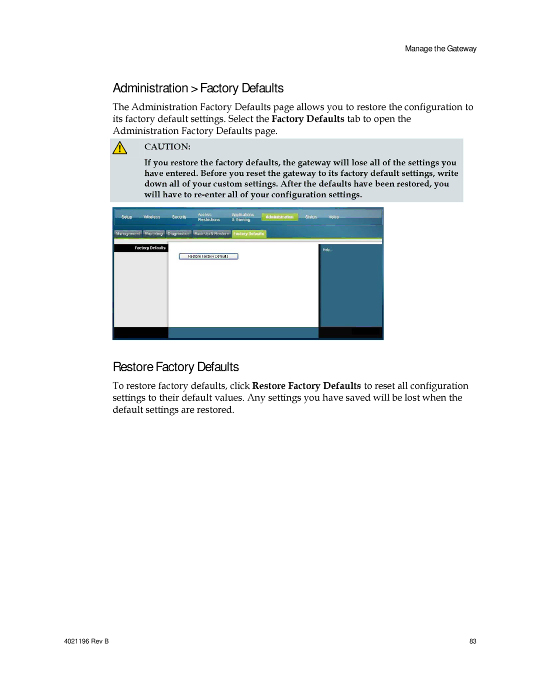 Cisco Systems 4034138, DPC3825, EPC3825, 4034441 Administration Factory Defaults, Restore Factory Defaults 