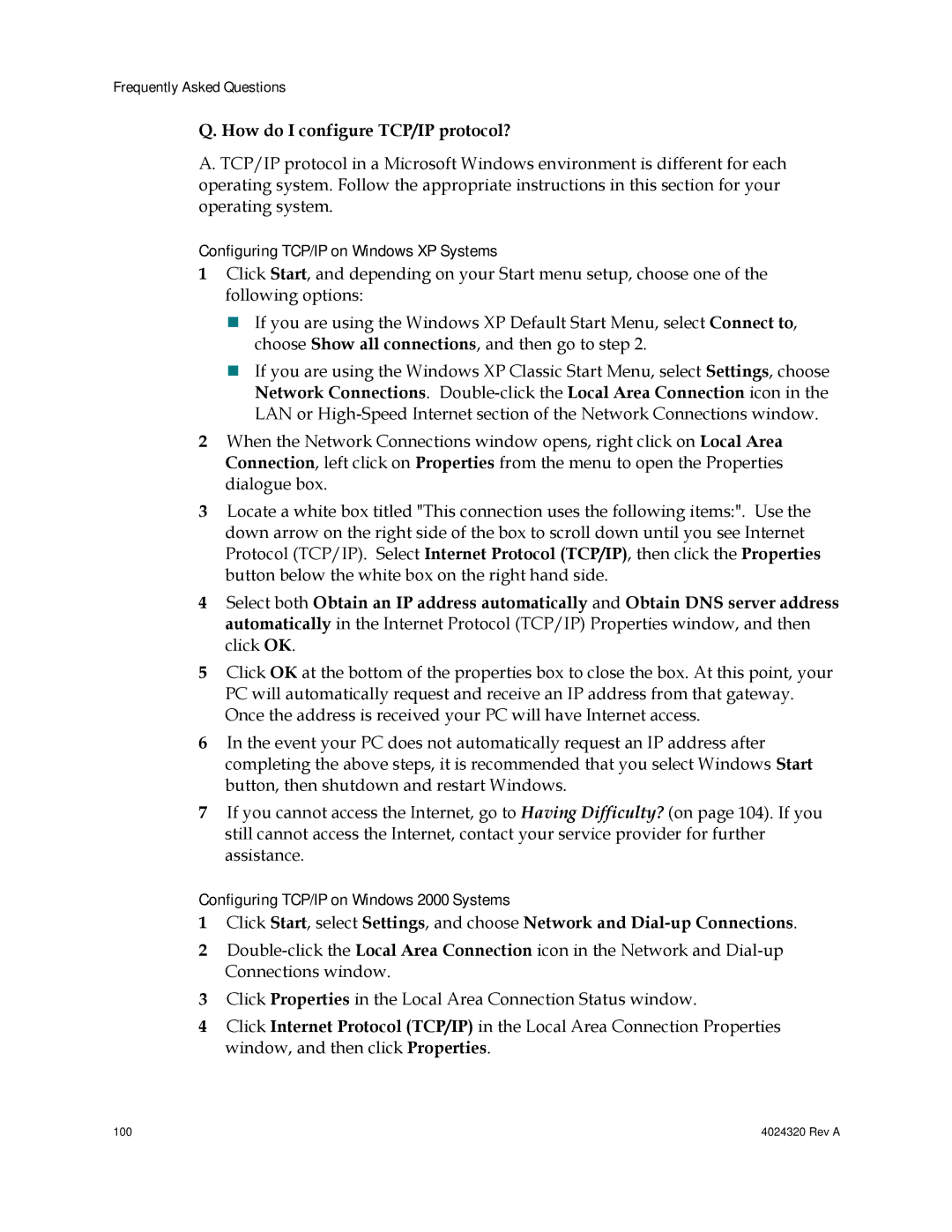 Cisco Systems DPC/EPC2325 DOCSIS Configuring TCP/IP on Windows XP Systems, Configuring TCP/IP on Windows 2000 Systems 