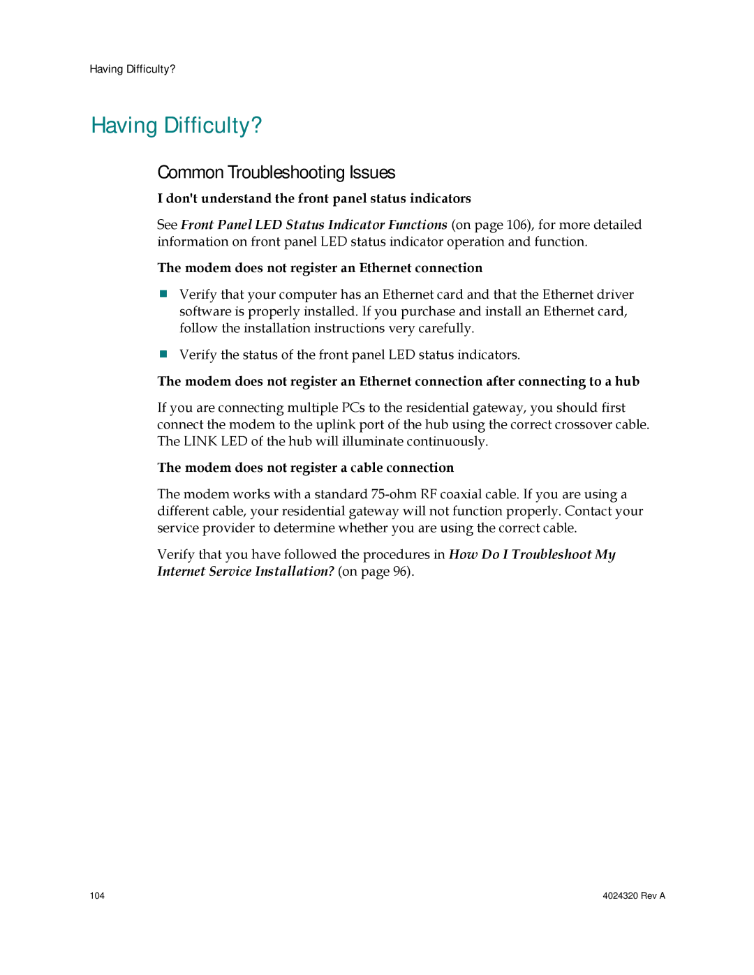 Cisco Systems DPC/EPC2325 DOCSIS important safety instructions Having Difficulty?, Common Troubleshooting Issues 