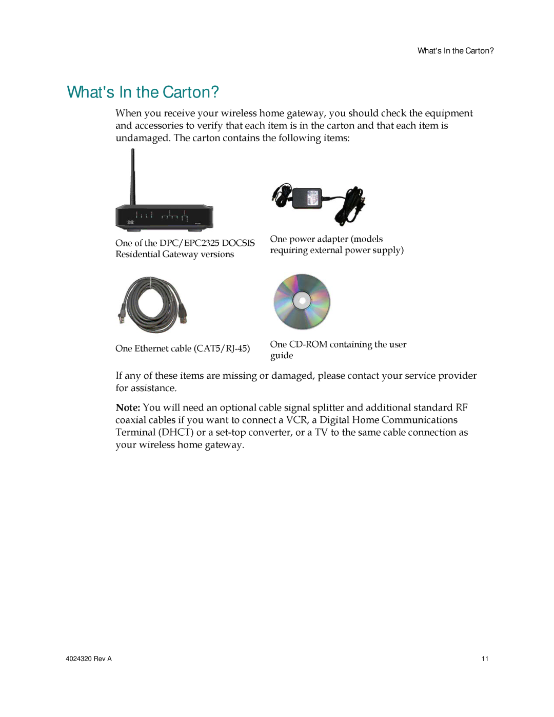 Cisco Systems DPC/EPC2325 DOCSIS important safety instructions Whats In the Carton? 