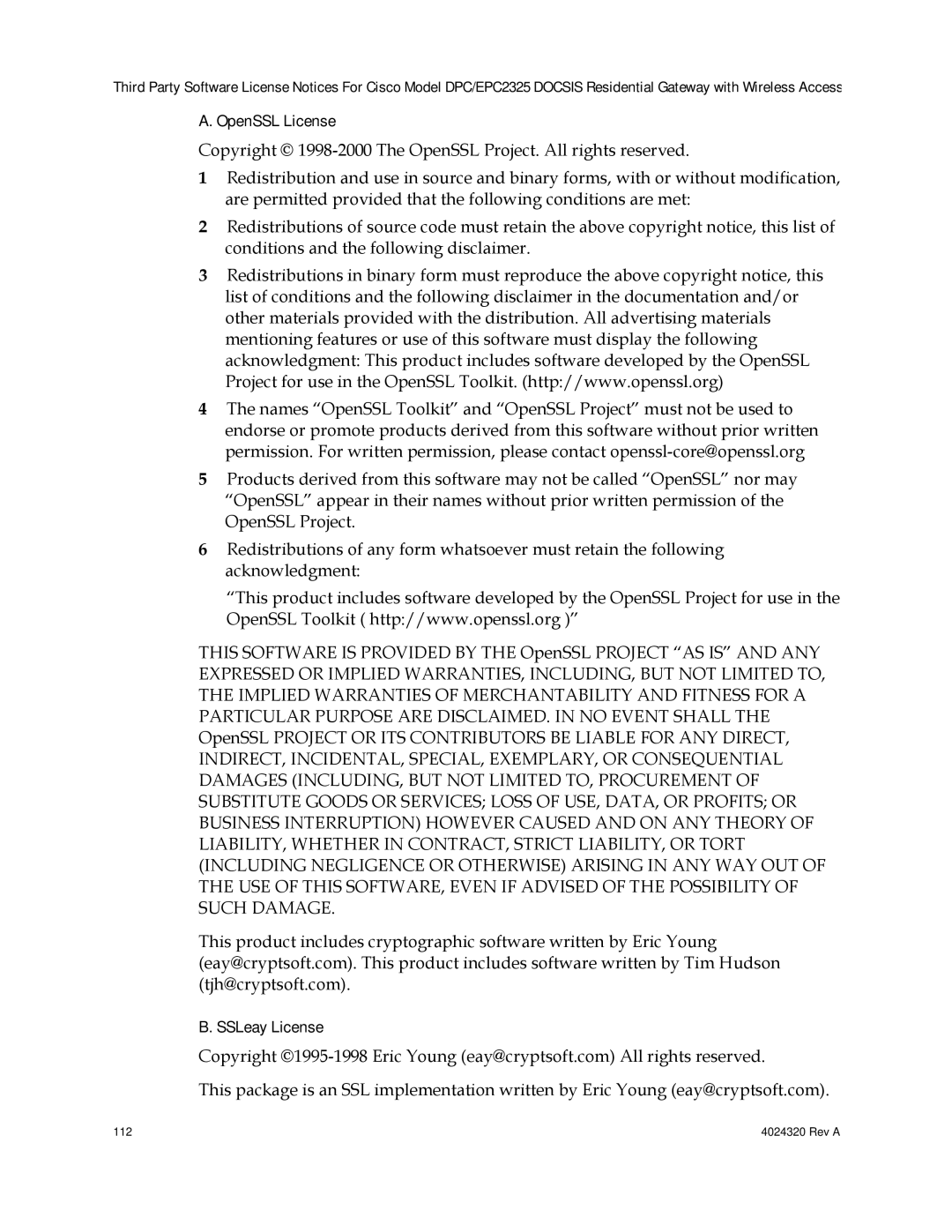 Cisco Systems DPC/EPC2325 DOCSIS important safety instructions OpenSSL License, SSLeay License 