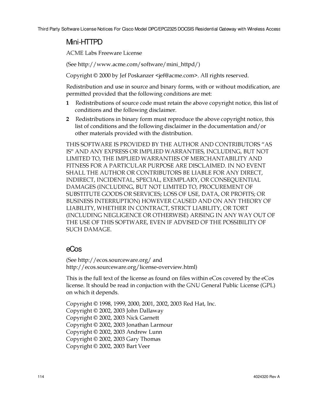 Cisco Systems DPC/EPC2325 DOCSIS important safety instructions Mini-HTTPD, ECos 