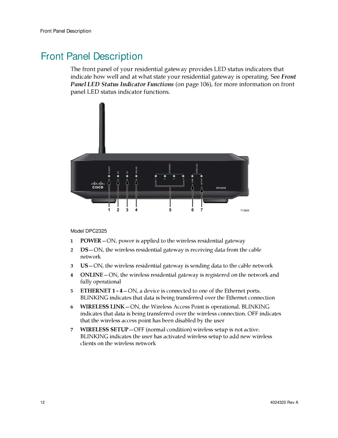 Cisco Systems DPC/EPC2325 DOCSIS important safety instructions Front Panel Description 