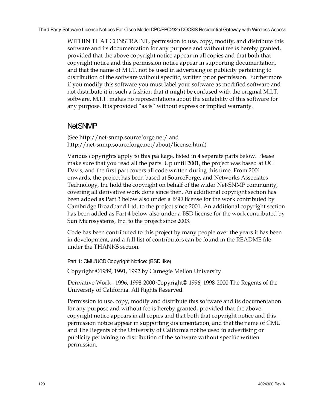 Cisco Systems DPC/EPC2325 DOCSIS important safety instructions NetSNMP, Part 1 CMU/UCD Copyright Notice BSD like 