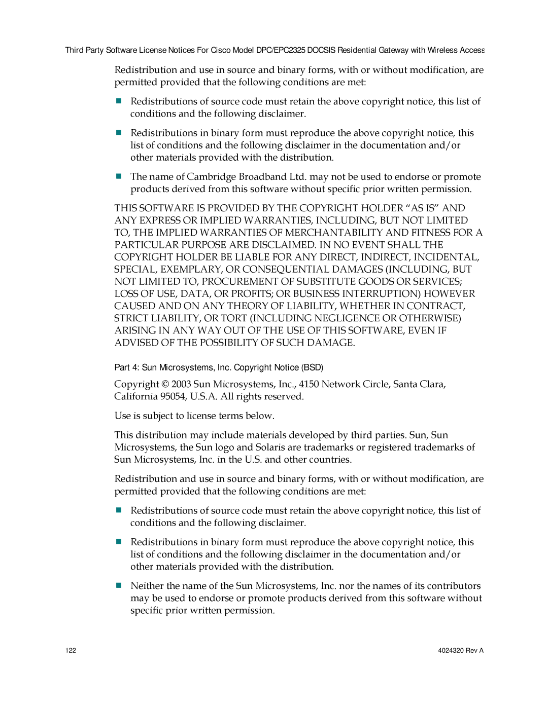 Cisco Systems DPC/EPC2325 DOCSIS important safety instructions Part 4 Sun Microsystems, Inc. Copyright Notice BSD 