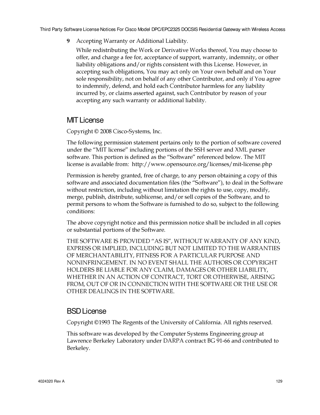 Cisco Systems DPC/EPC2325 DOCSIS important safety instructions MIT License, BSD License 