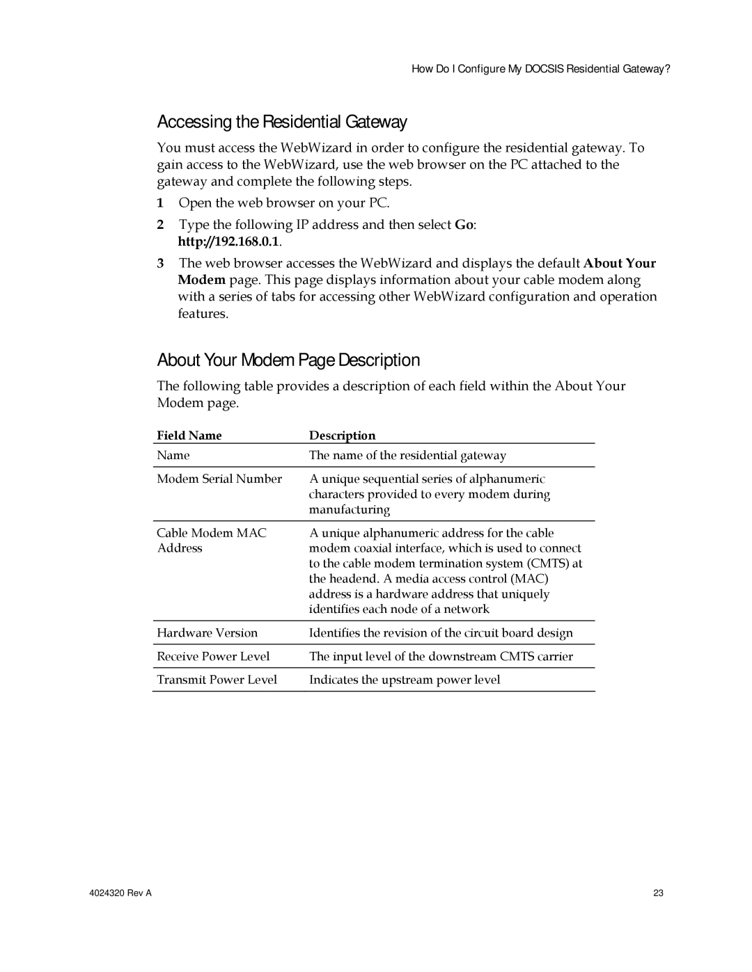 Cisco Systems DPC/EPC2325 DOCSIS Accessing the Residential Gateway, About Your Modem Page Description 