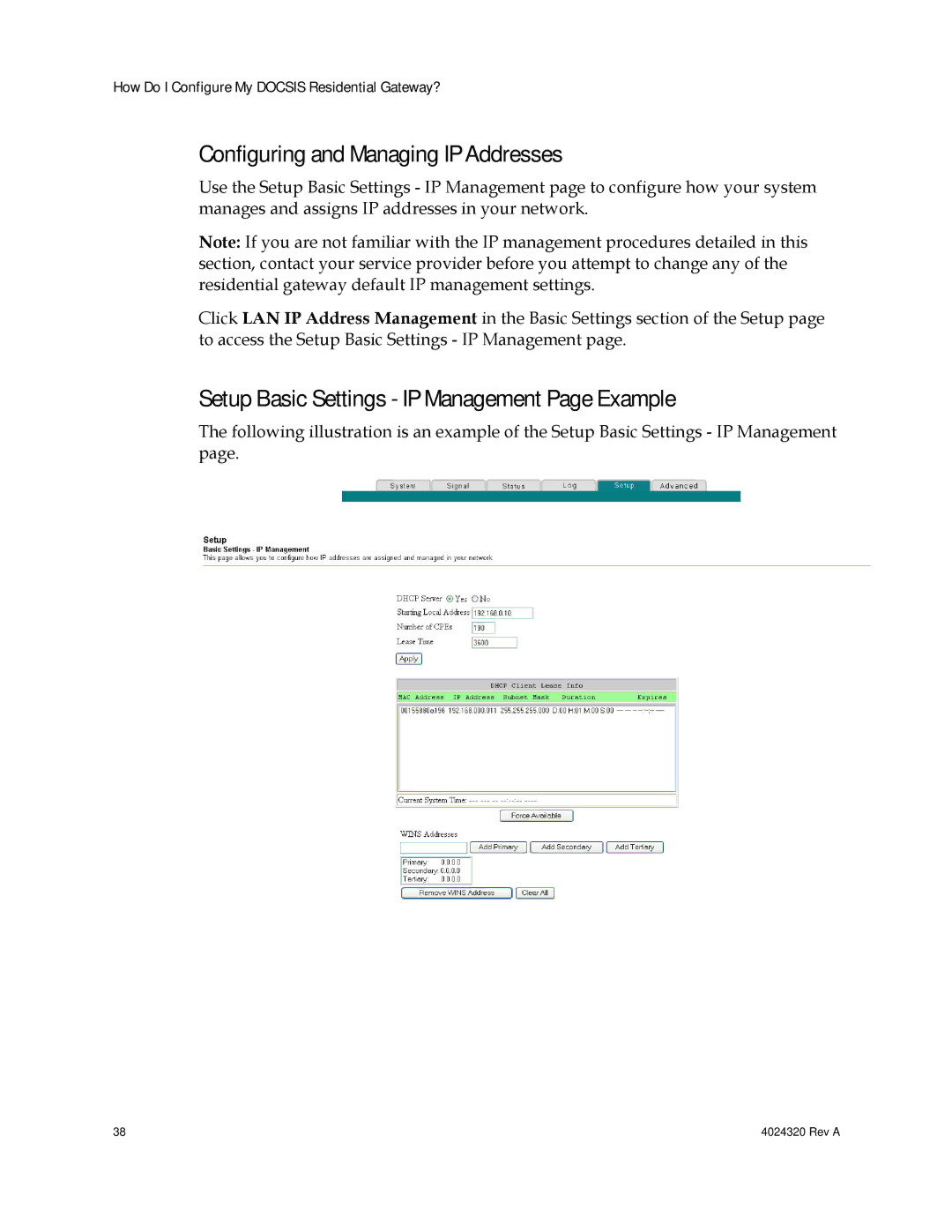 Cisco Systems DPC/EPC2325 DOCSIS Configuring and Managing IP Addresses, Setup Basic Settings IP Management Page Example 