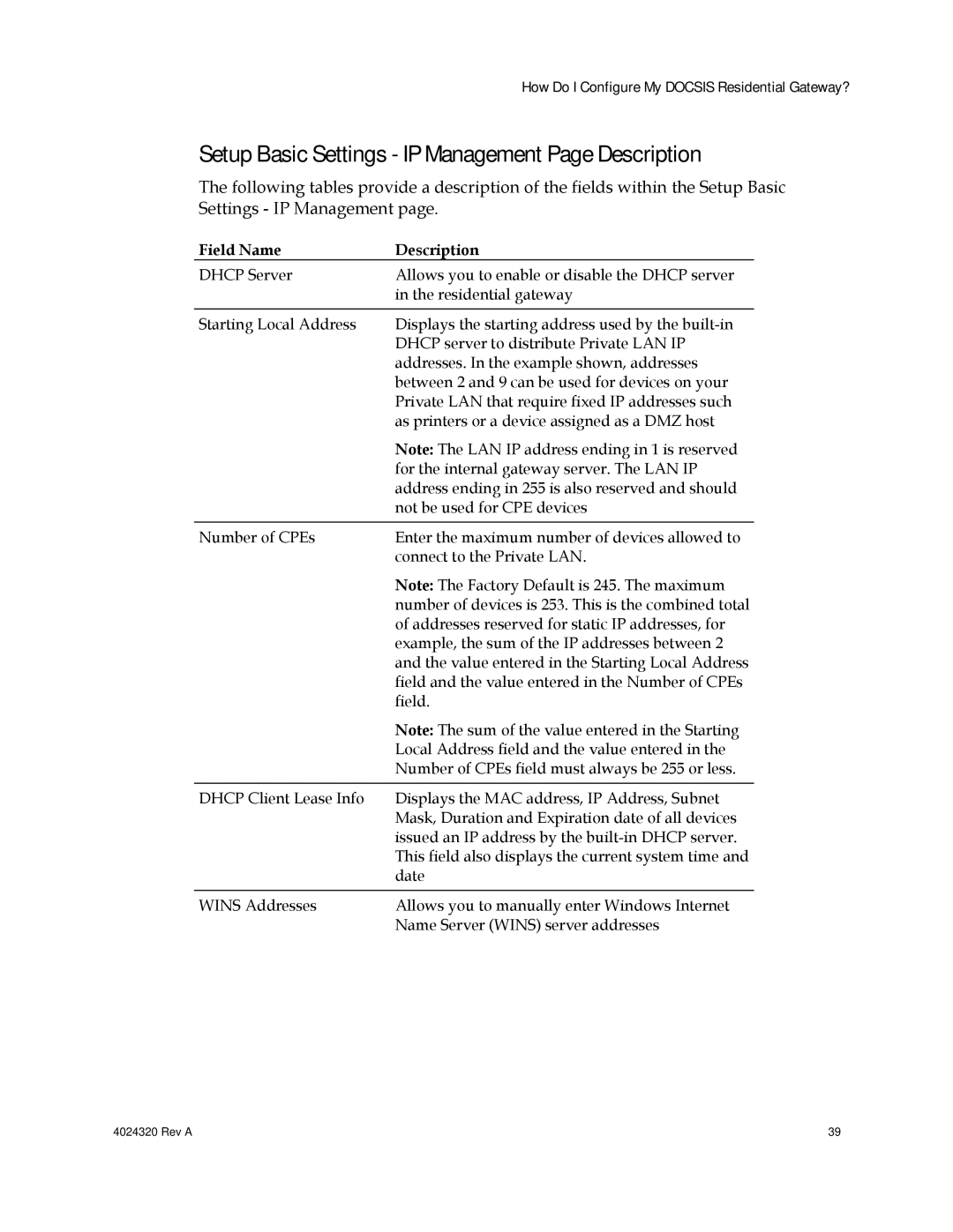 Cisco Systems DPC/EPC2325 DOCSIS important safety instructions Setup Basic Settings IP Management Page Description 