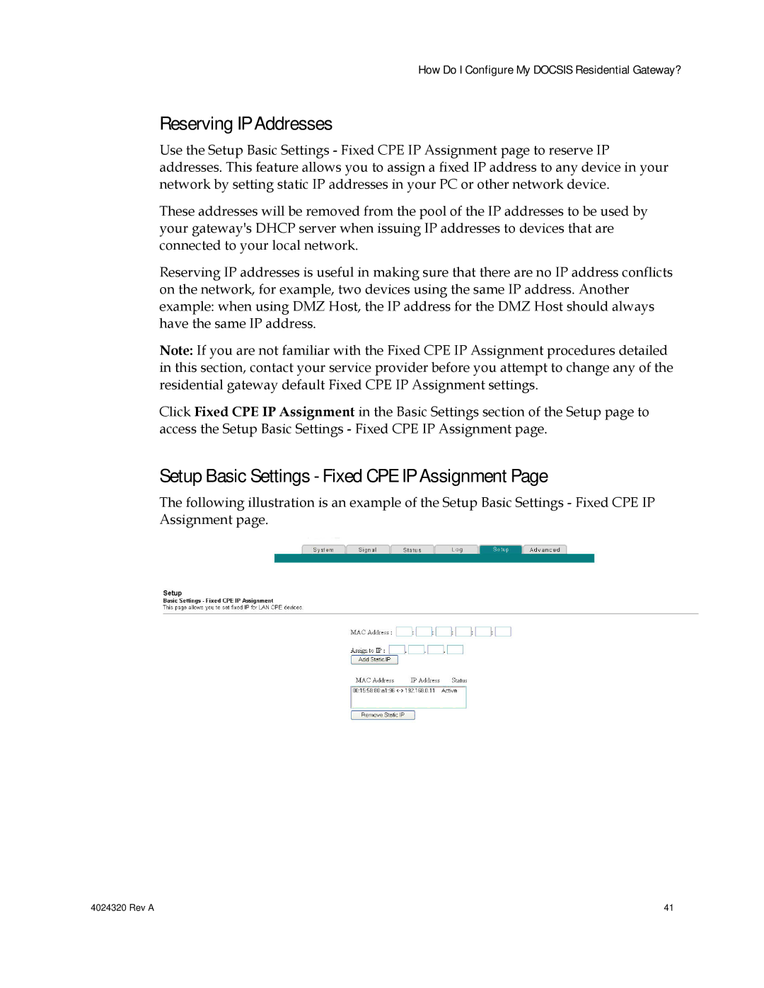 Cisco Systems DPC/EPC2325 DOCSIS Reserving IP Addresses, Setup Basic Settings Fixed CPE IP Assignment 