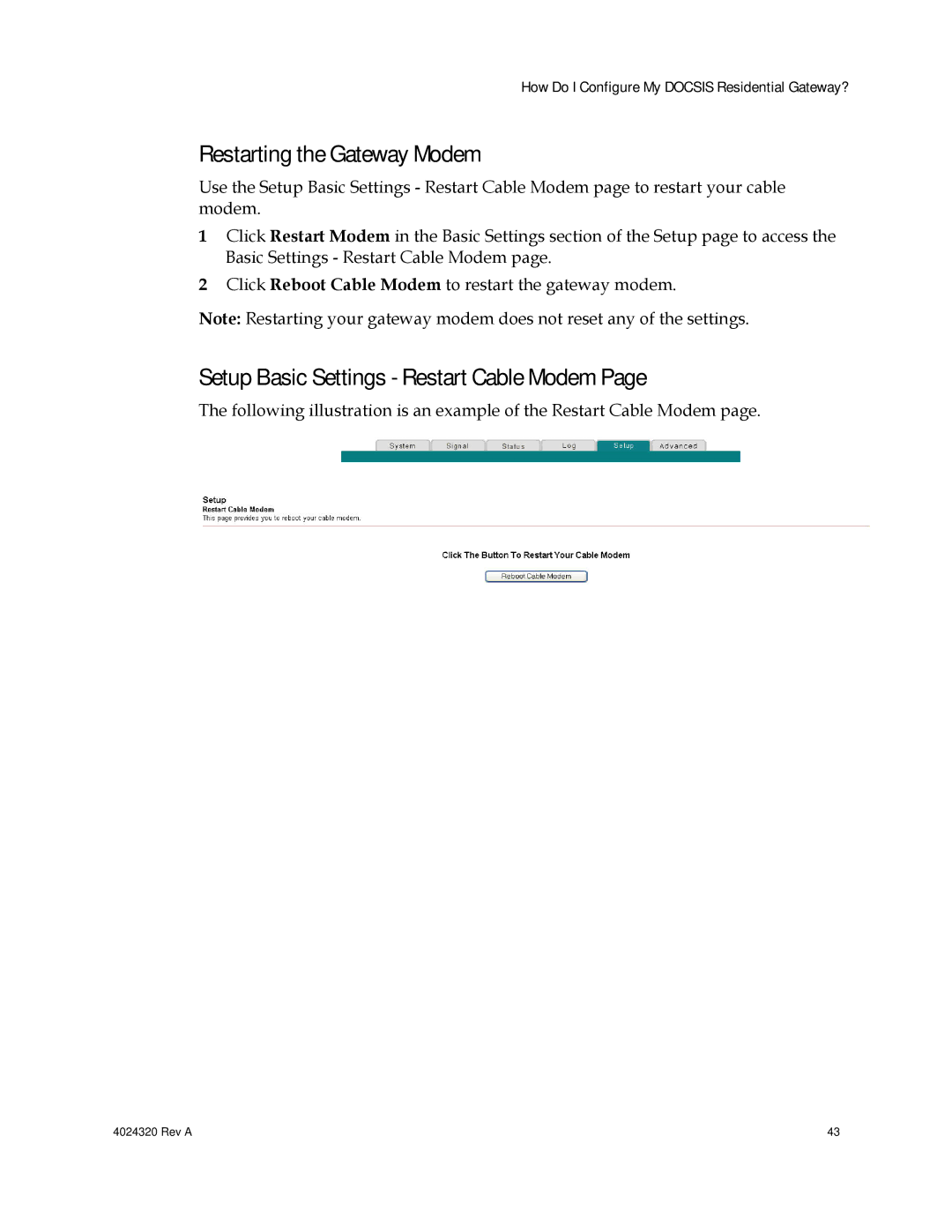 Cisco Systems DPC/EPC2325 DOCSIS Restarting the Gateway Modem, Setup Basic Settings Restart Cable Modem 