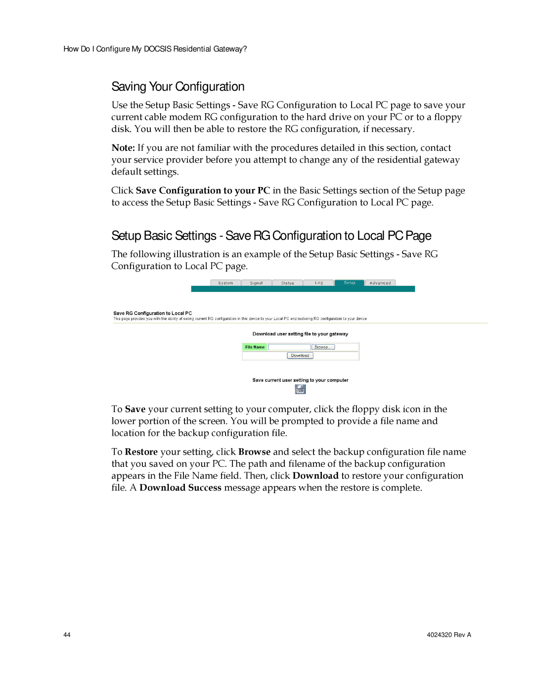 Cisco Systems DPC/EPC2325 DOCSIS Saving Your Configuration, Setup Basic Settings Save RG Configuration to Local PC 