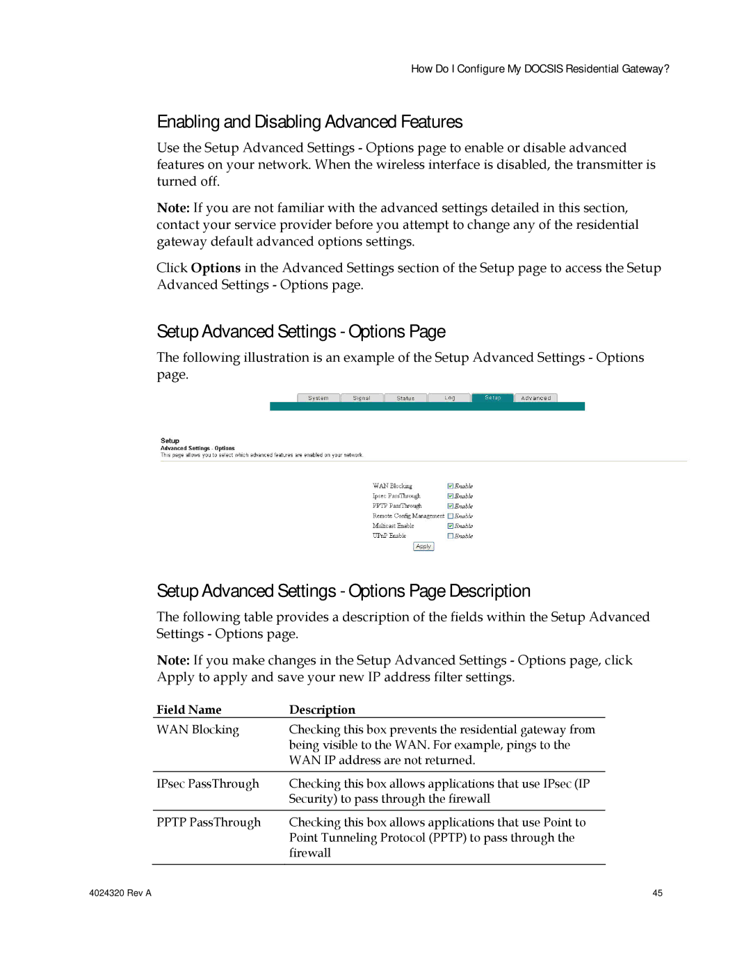 Cisco Systems DPC/EPC2325 DOCSIS Enabling and Disabling Advanced Features, Setup Advanced Settings Options 