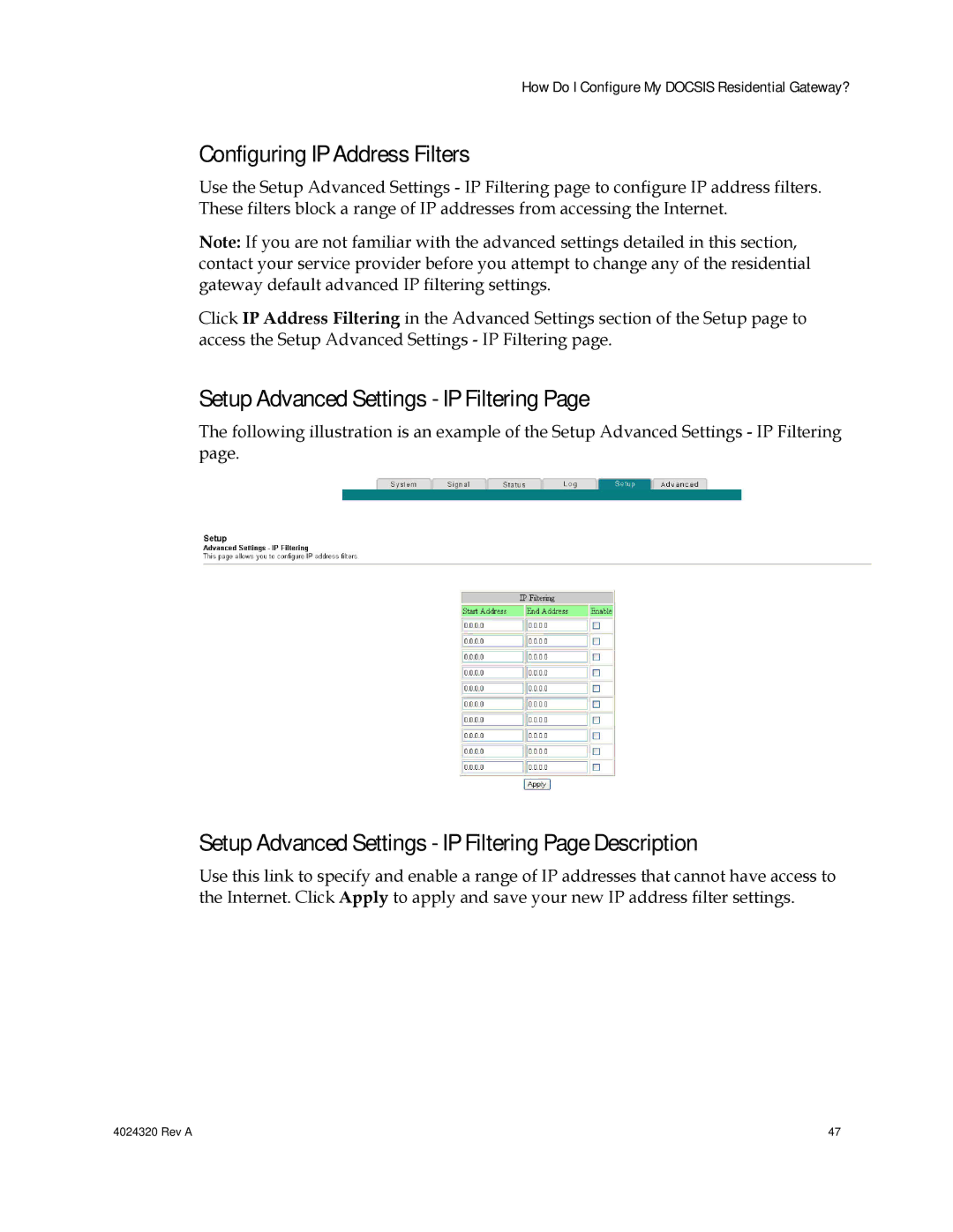 Cisco Systems DPC/EPC2325 DOCSIS Configuring IP Address Filters, Setup Advanced Settings IP Filtering 