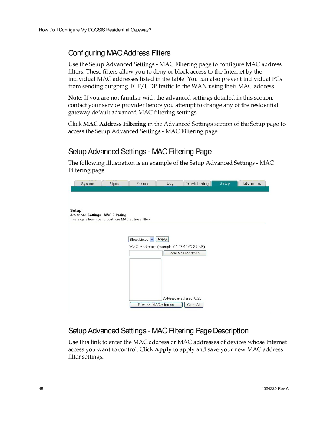 Cisco Systems DPC/EPC2325 DOCSIS Configuring MAC Address Filters, Setup Advanced Settings MAC Filtering 