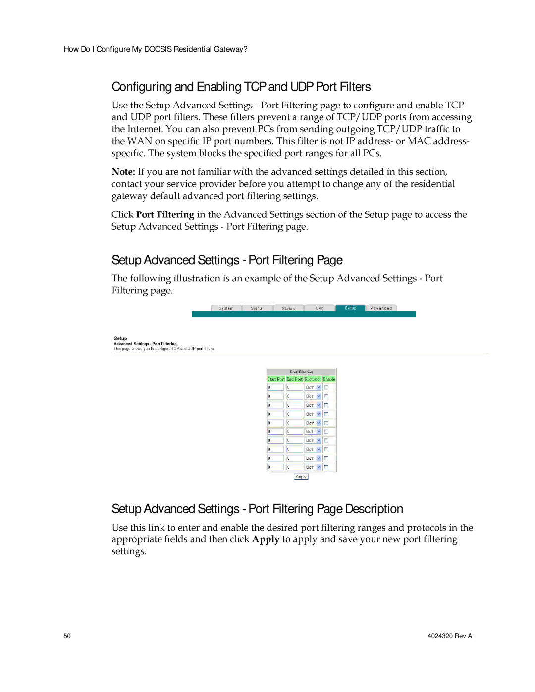 Cisco Systems DPC/EPC2325 DOCSIS Configuring and Enabling TCP and UDP Port Filters, Setup Advanced Settings Port Filtering 