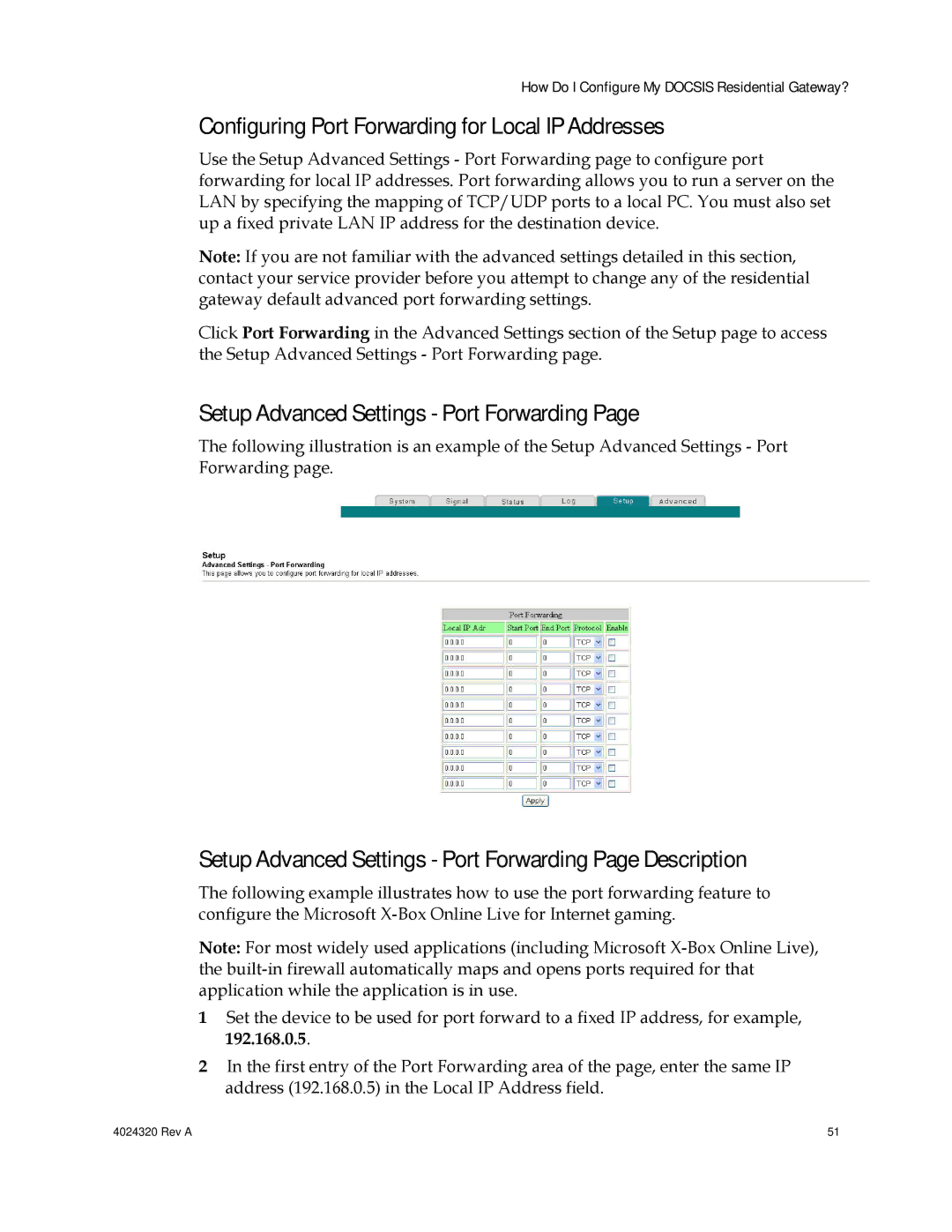 Cisco Systems DPC/EPC2325 DOCSIS important safety instructions Configuring Port Forwarding for Local IP Addresses 