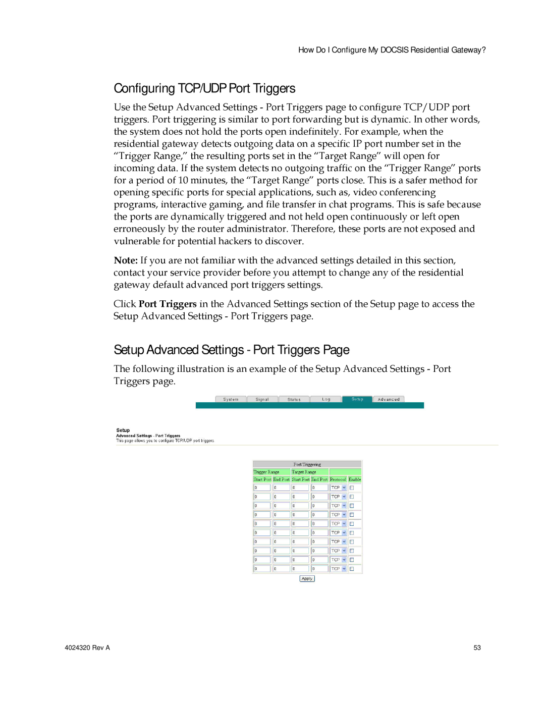 Cisco Systems DPC/EPC2325 DOCSIS Configuring TCP/UDP Port Triggers, Setup Advanced Settings Port Triggers 