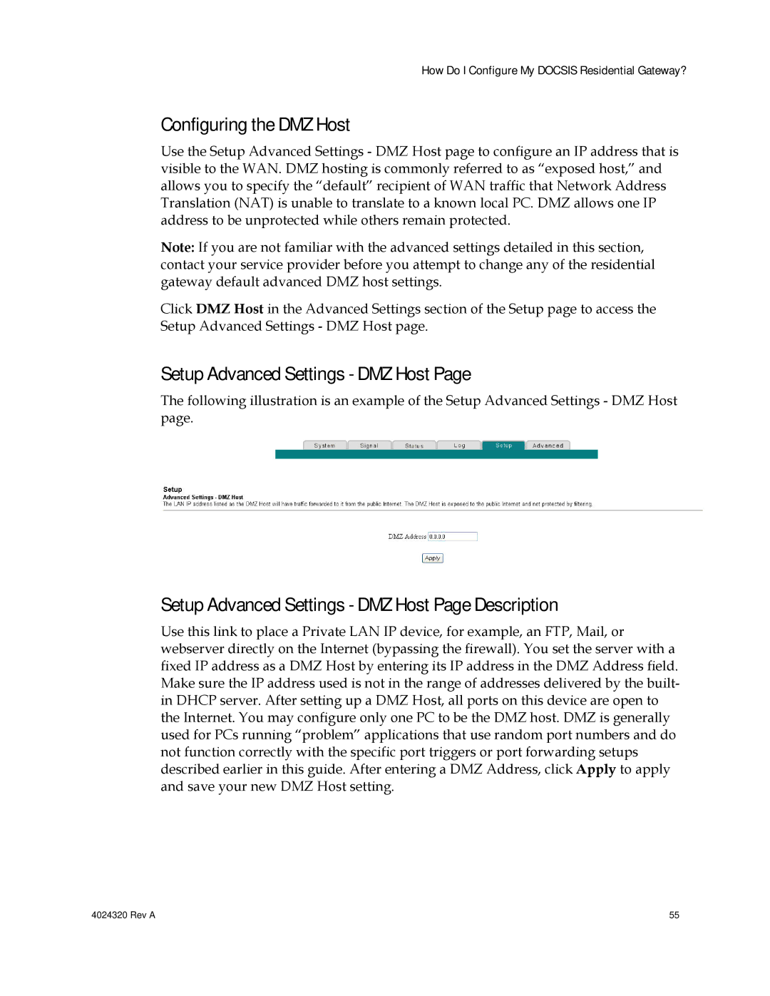 Cisco Systems DPC/EPC2325 DOCSIS important safety instructions Configuring the DMZ Host, Setup Advanced Settings DMZ Host 