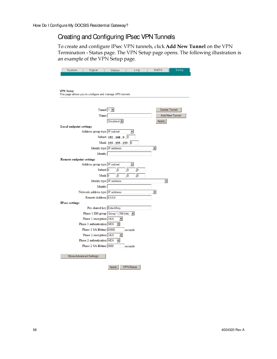 Cisco Systems DPC/EPC2325 DOCSIS important safety instructions Creating and Configuring IPsec VPN Tunnels 