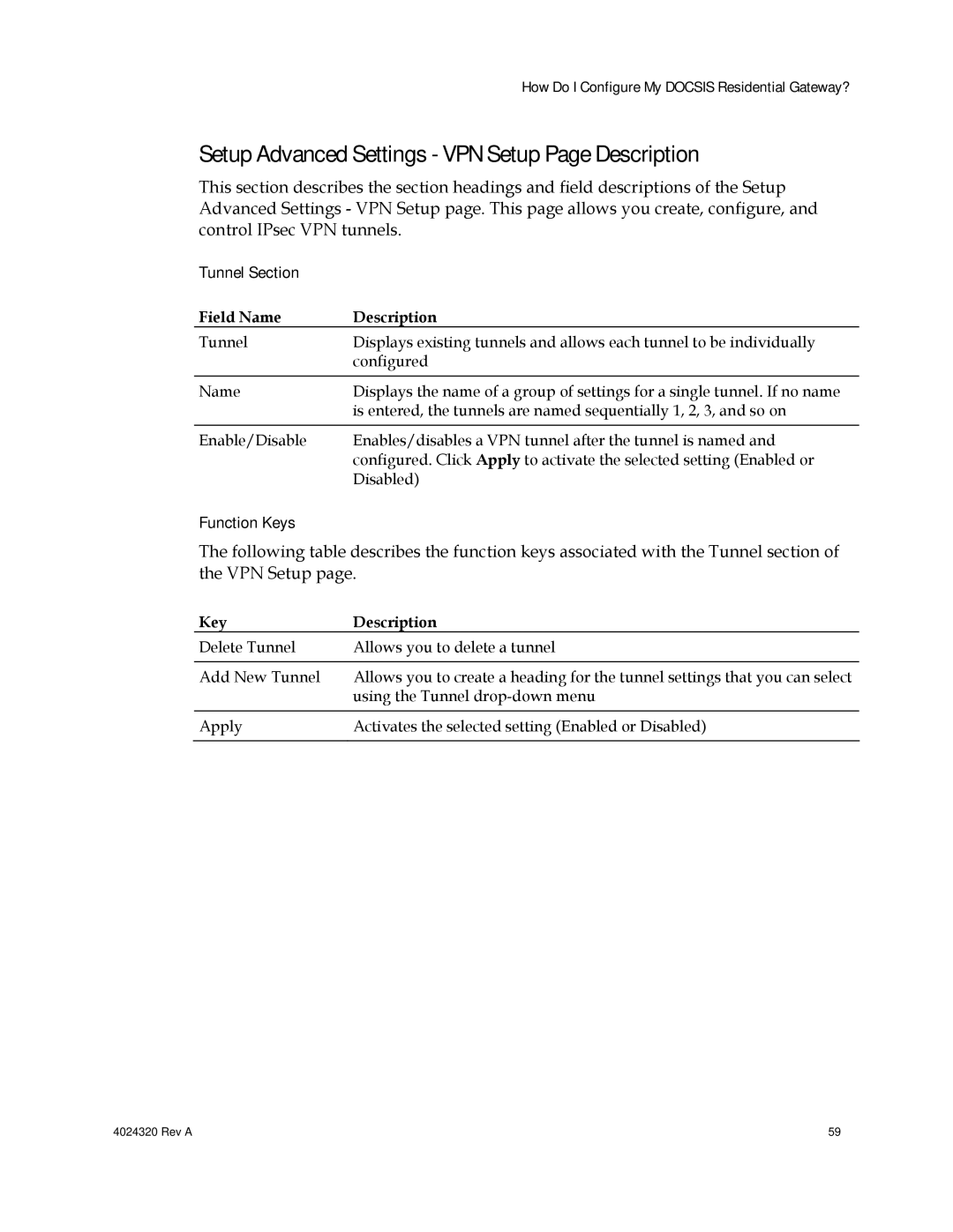 Cisco Systems DPC/EPC2325 DOCSIS Setup Advanced Settings VPN Setup Page Description, Tunnel Section 