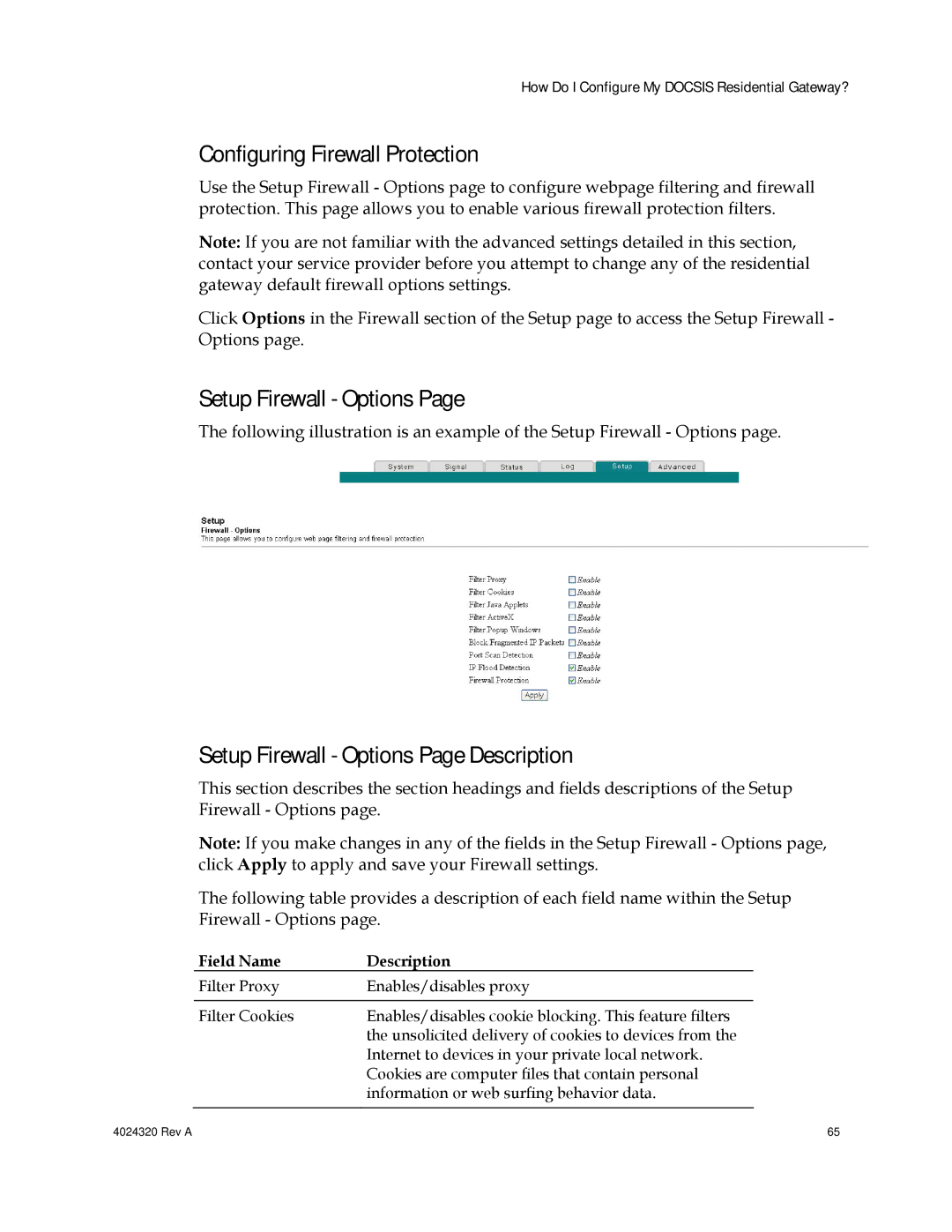 Cisco Systems DPC/EPC2325 DOCSIS important safety instructions Configuring Firewall Protection, Setup Firewall Options 