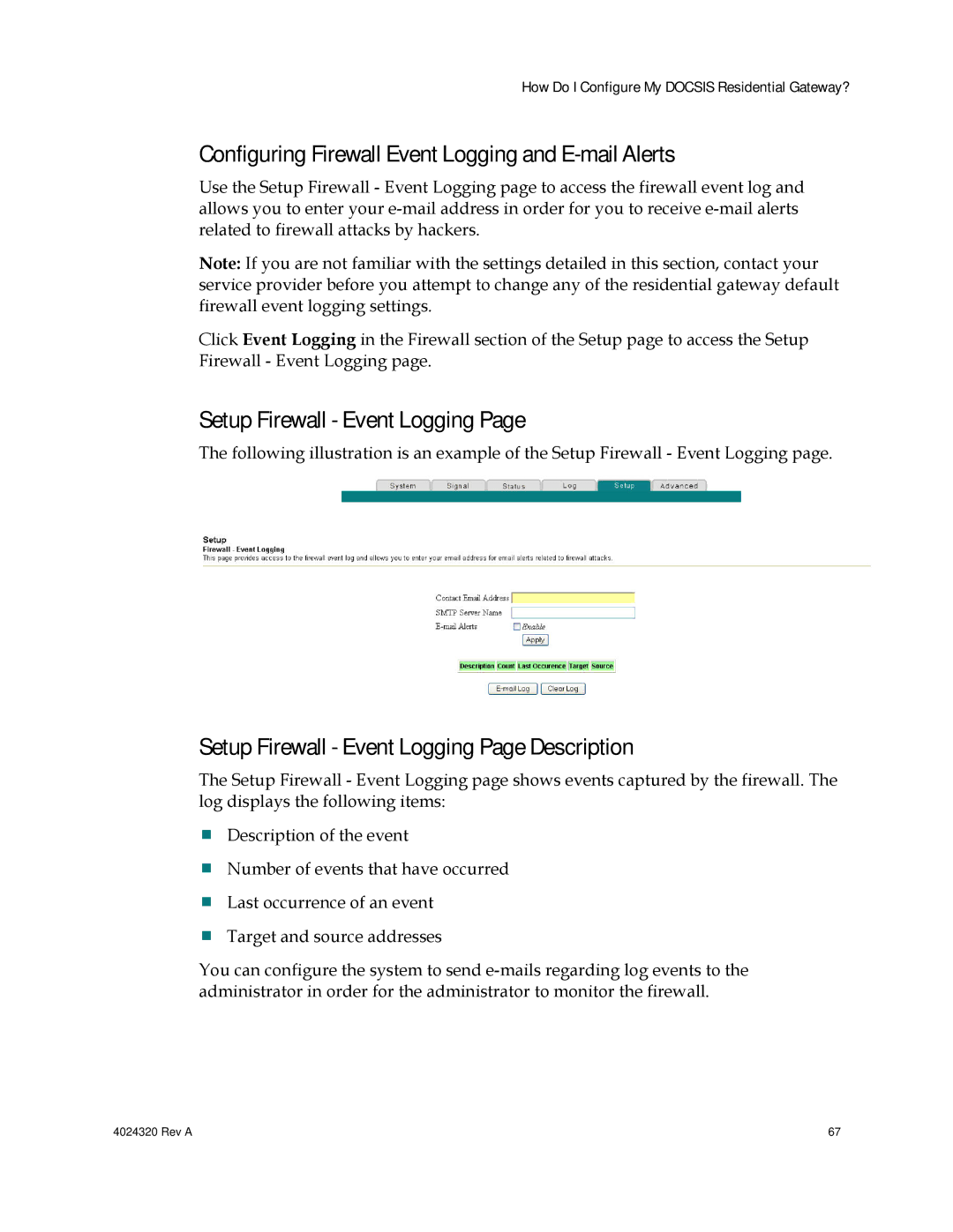 Cisco Systems DPC/EPC2325 DOCSIS Configuring Firewall Event Logging and E-mail Alerts, Setup Firewall Event Logging 