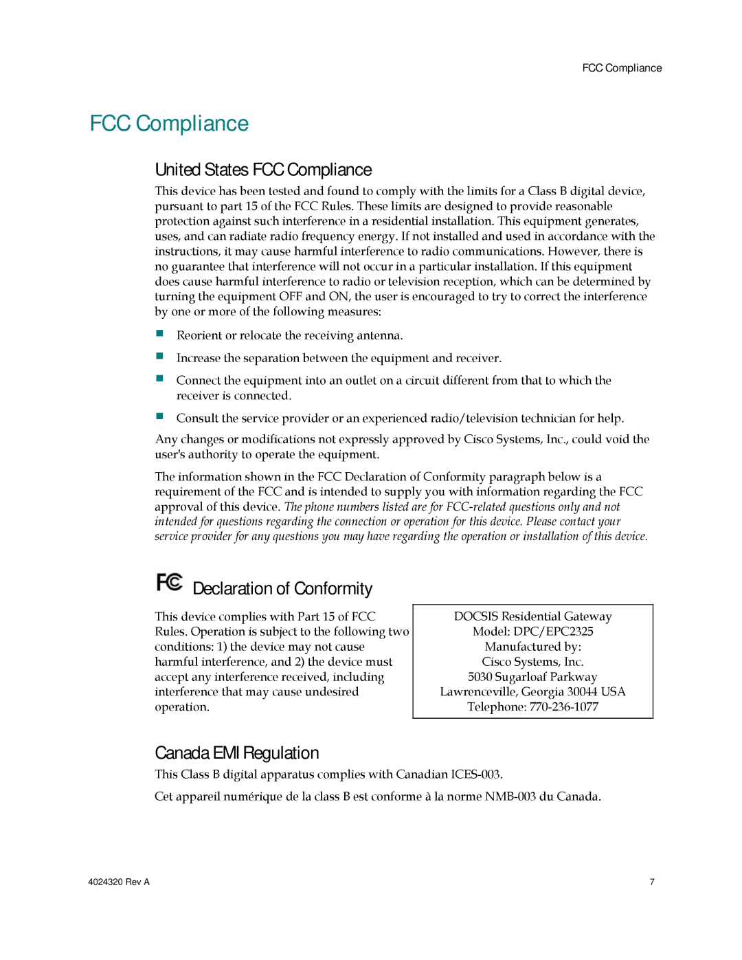 Cisco Systems DPC/EPC2325 DOCSIS United States FCC Compliance, Declaration of Conformity, Canada EMI Regulation 