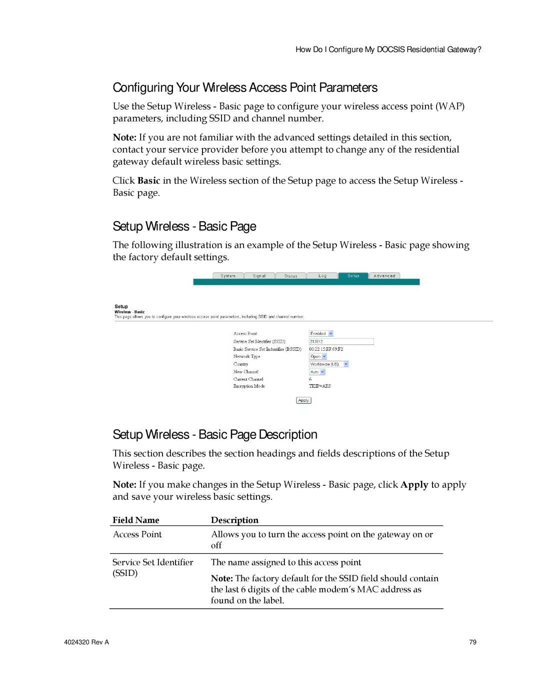 Cisco Systems DPC/EPC2325 DOCSIS Configuring Your Wireless Access Point Parameters, Setup Wireless Basic 