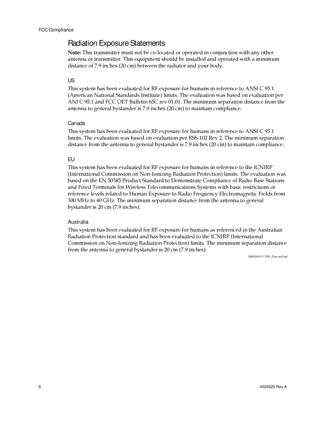 Cisco Systems DPC/EPC2325 DOCSIS important safety instructions Radiation Exposure Statements, Canada, Australia 