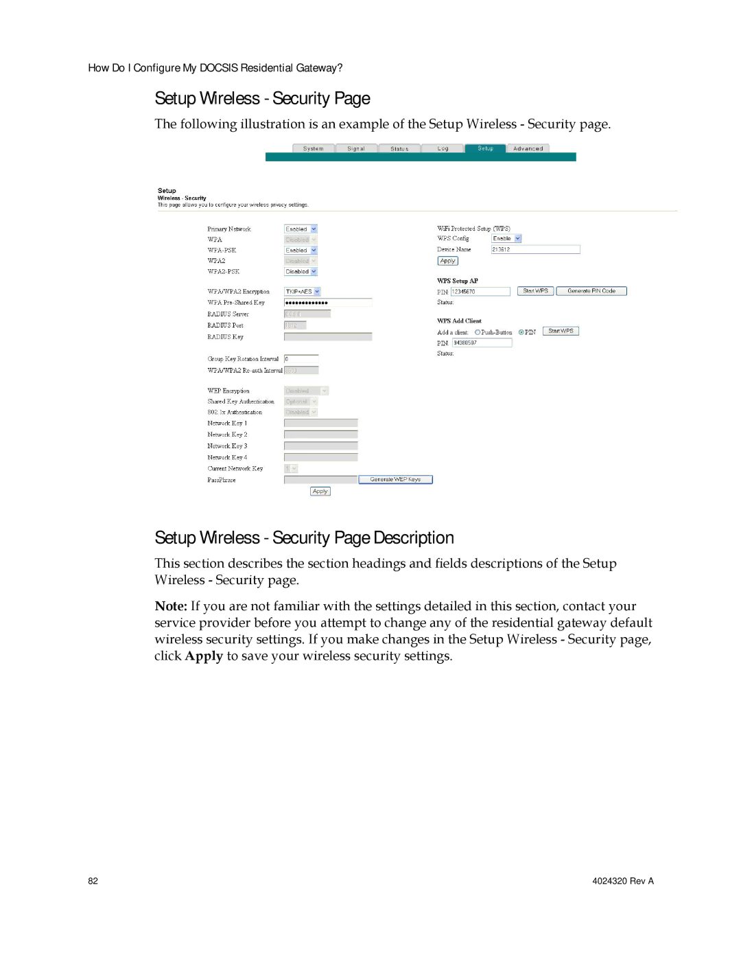 Cisco Systems DPC/EPC2325 DOCSIS important safety instructions Setup Wireless Security Page Description 