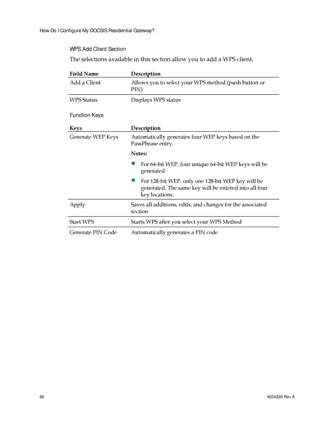 Cisco Systems DPC/EPC2325 DOCSIS important safety instructions WPS Add Client Section, Keys Description 