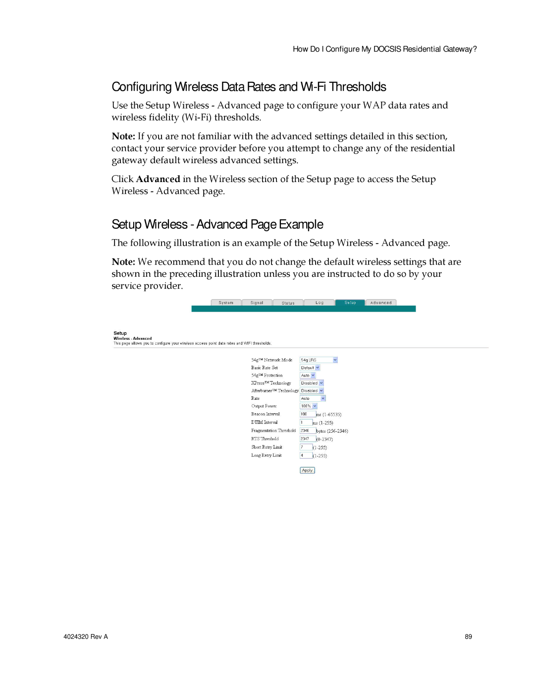 Cisco Systems DPC/EPC2325 DOCSIS important safety instructions Configuring Wireless Data Rates and Wi-Fi Thresholds 