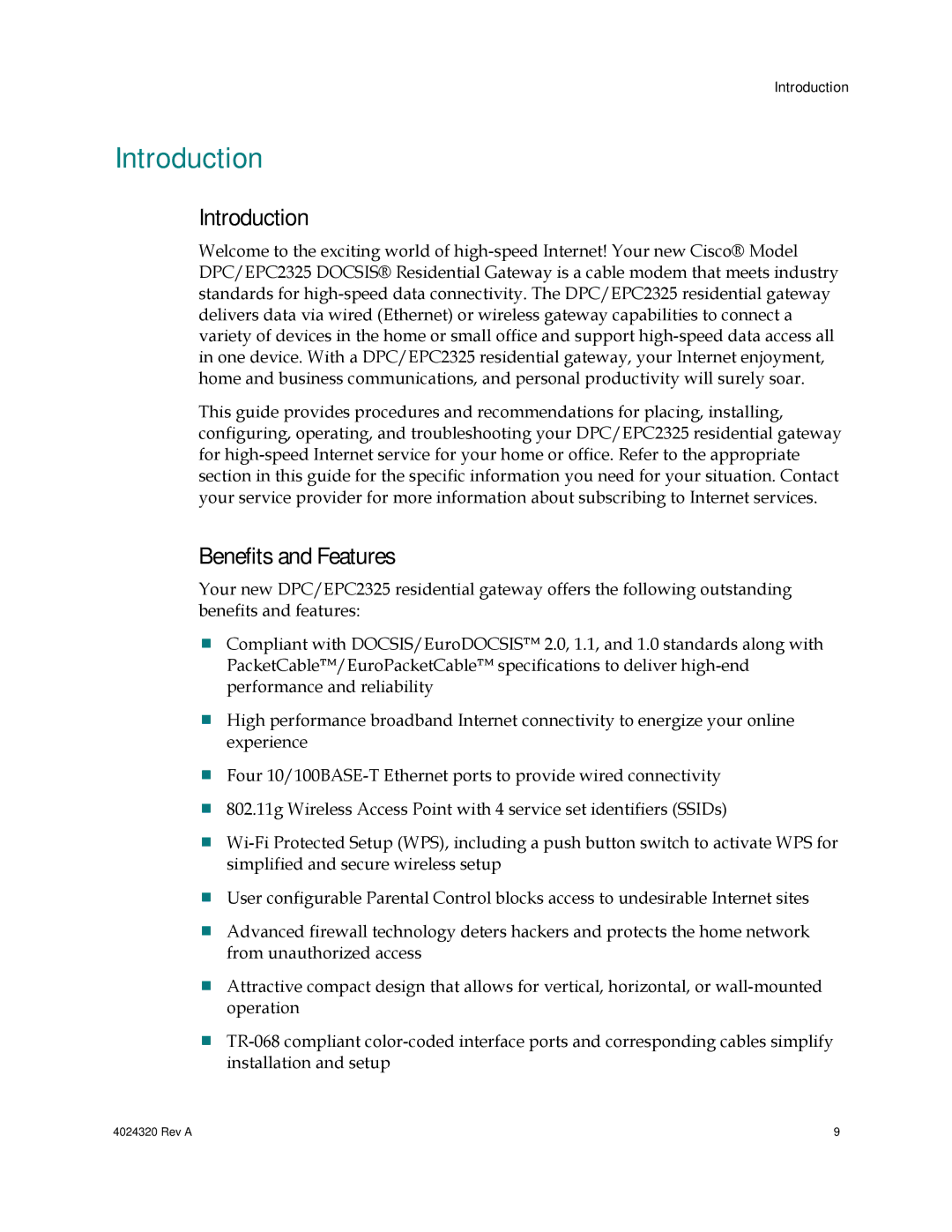 Cisco Systems DPC/EPC2325 DOCSIS important safety instructions Introduction, Benefits and Features 