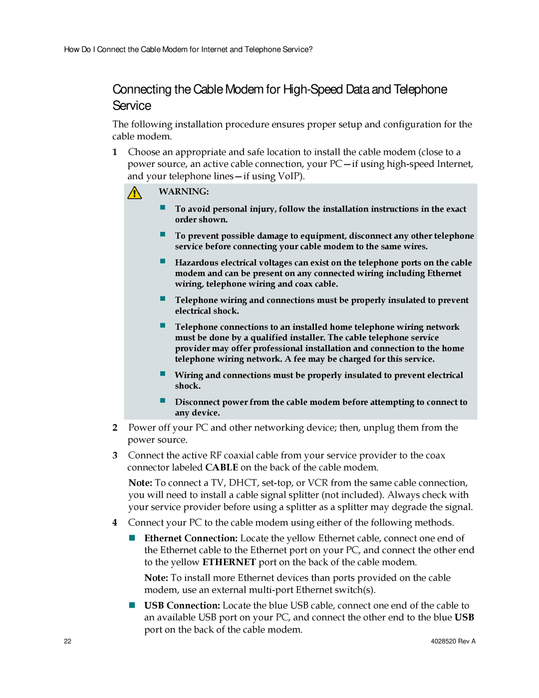 Cisco Systems DPQ2202 important safety instructions Port on the back of the cable modem 