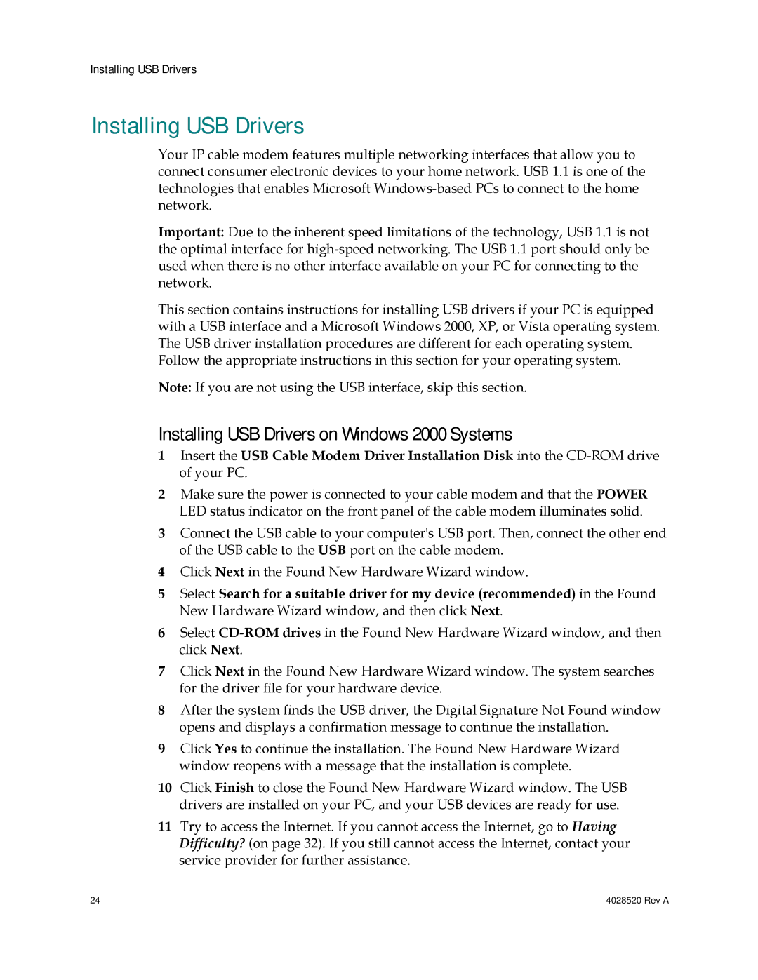 Cisco Systems DPQ2202 important safety instructions Installing USB Drivers on Windows 2000 Systems 