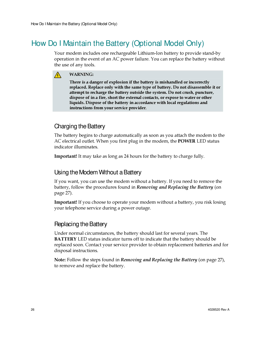 Cisco Systems DPQ2202 How Do I Maintain the Battery Optional Model Only, Charging the Battery, Replacing the Battery 