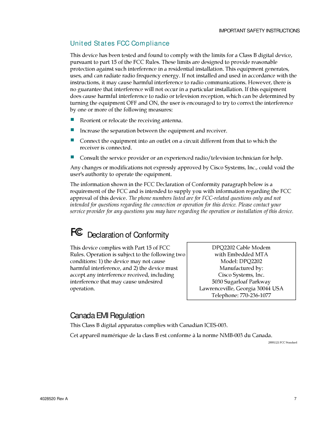 Cisco Systems DPQ2202 important safety instructions Declaration of Conformity, Canada EMI Regulation 