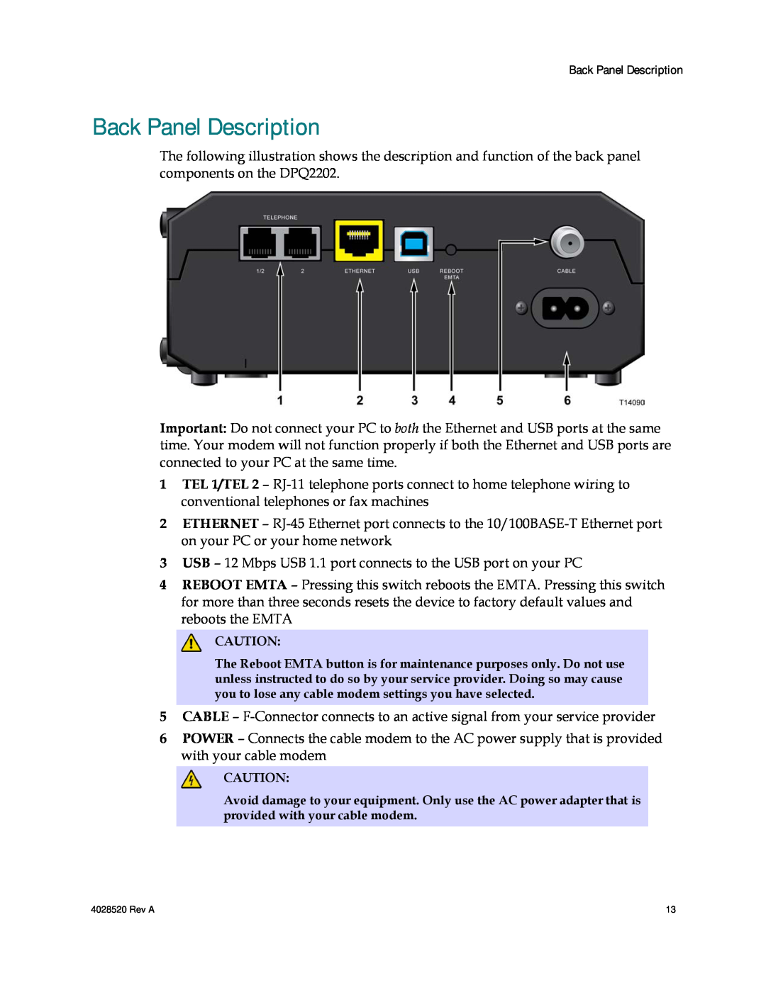 Cisco Systems DPQ2202 important safety instructions Back Panel Description 