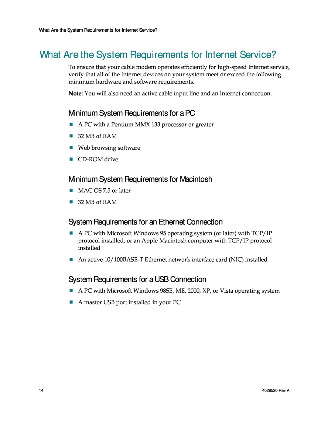 Cisco Systems DPQ2202 What Are the System Requirements for Internet Service?, Minimum System Requirements for a PC 